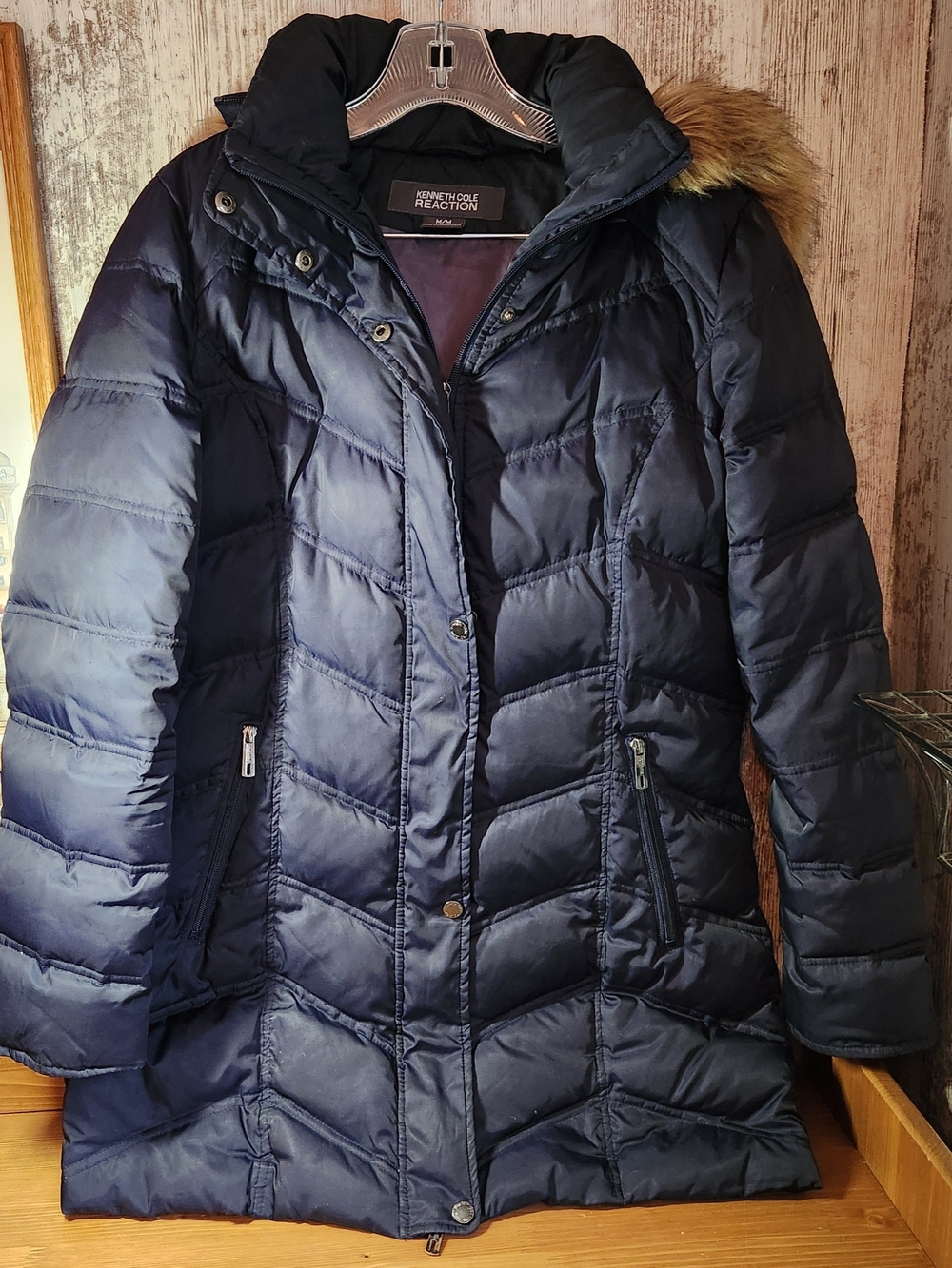 Kenneth Cole Reaction Navy Blue Chevron Hooded Puffer Jacket with Faux Fur Trim
